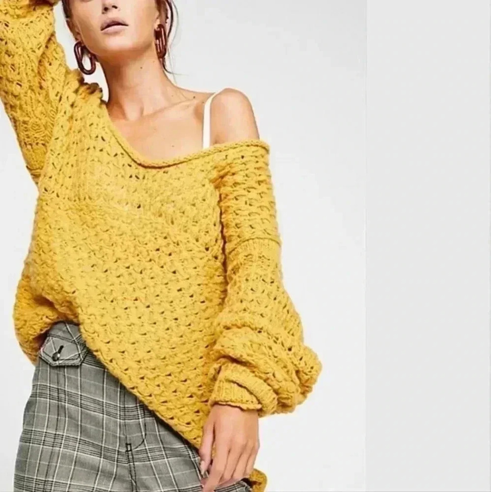 Free People Crashing Waves Chunky Wool Blend Loose Knit Sweater in Yellow Size L